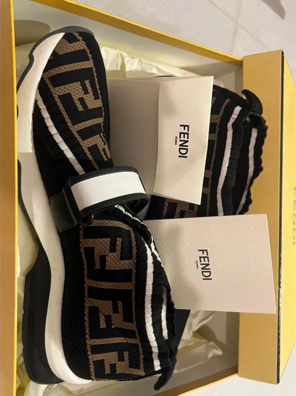 Fendi Black & Brown FF Logo Knit Strap Sneakers - Picture 5 of 5